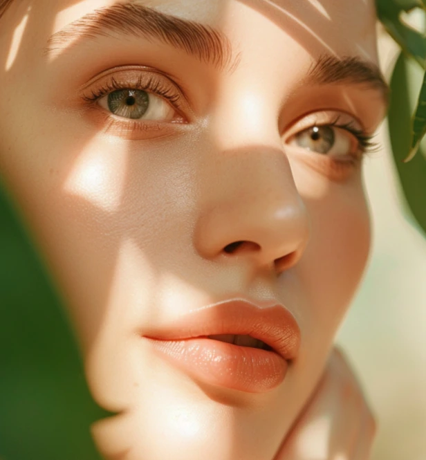 woman with beautiful lips hiding behind leaves